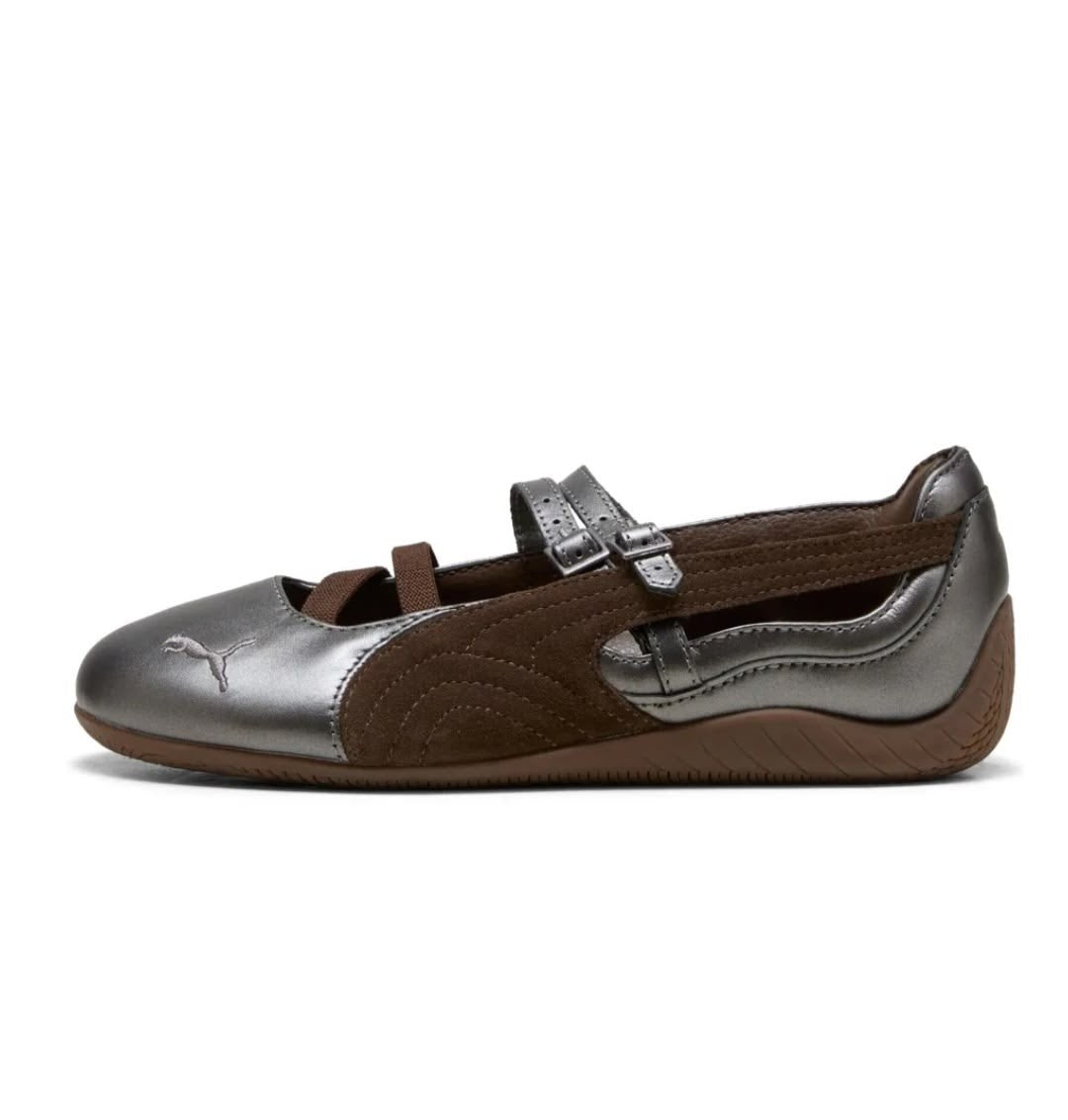 Speedcat Lux Ballet sneakers in a brown and silver colorway, featuring a metallic finish and suede detailing