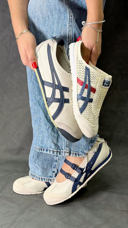Onitsuka Tiger Mexico 66 TGRS sneakers in a cream and navy colorway with distinctive buckled straps.