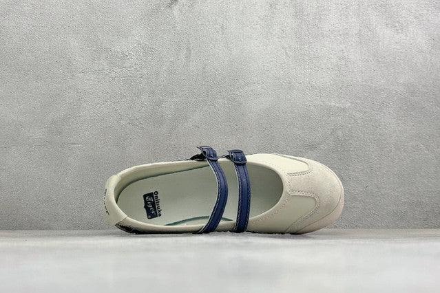 Onitsuka Tiger Mexico 66 TGRS sneakers in a cream and navy colorway with distinctive buckled straps.