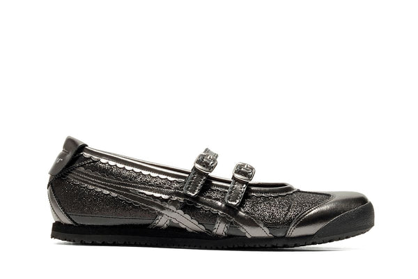 Tiger Mexico 66 TGRS shoes feature a striking black glitter finish combined with metallic silver accents