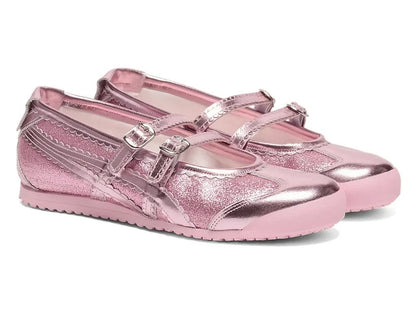 Onitsuka Tiger Mexico 66 TGRS shoes in a vibrant pink glitter finish with dual buckle