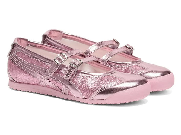 Tiger Mexico 66 TGRS shoes in a vibrant pink glitter finish with dual buckle