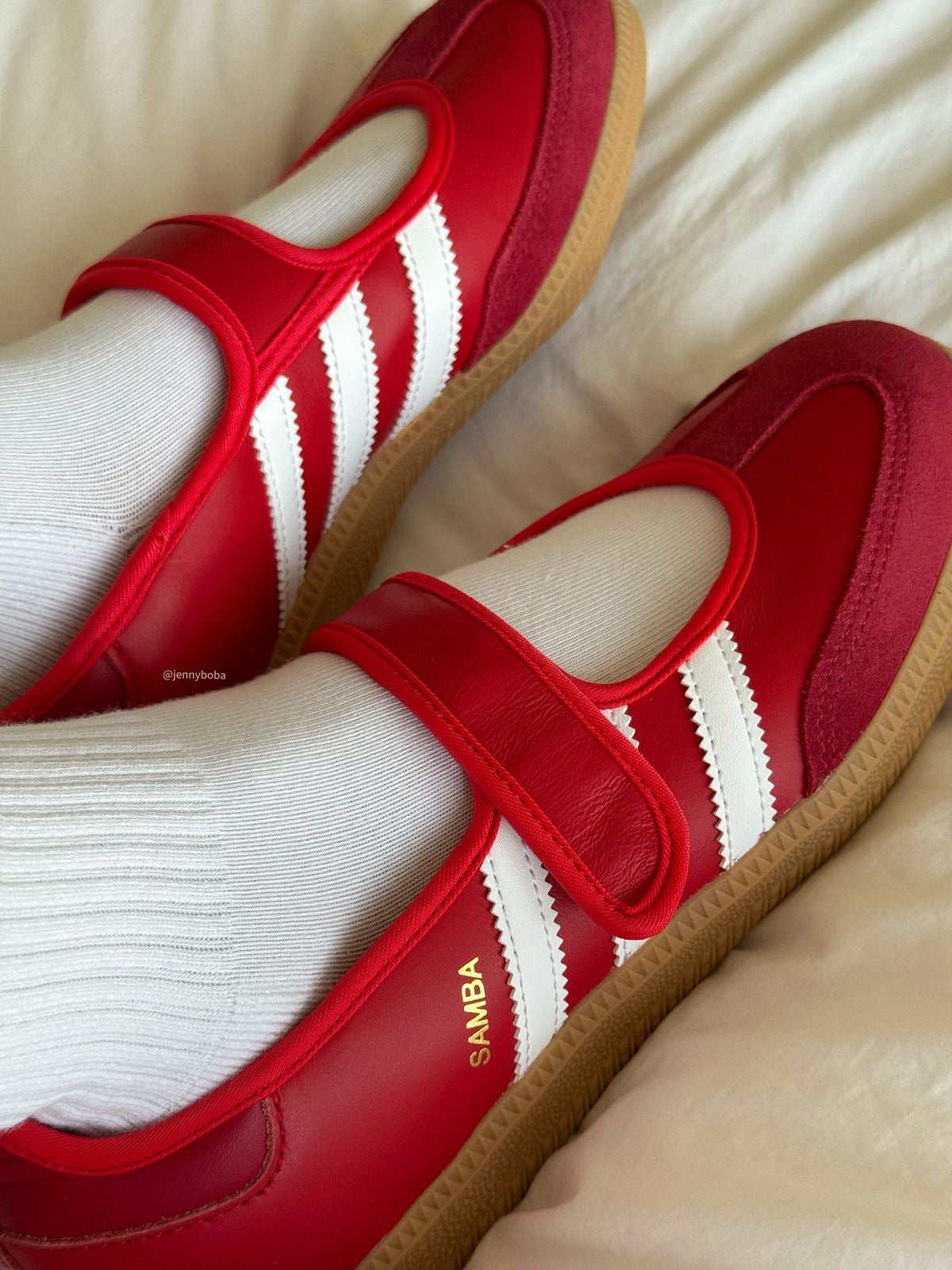 Adidas Samba Jane sneakers in a striking red colorway featuring a hook-and-loop