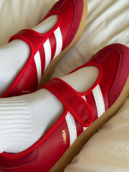 Adidas Samba Jane sneakers in a striking red colorway featuring a hook-and-loop