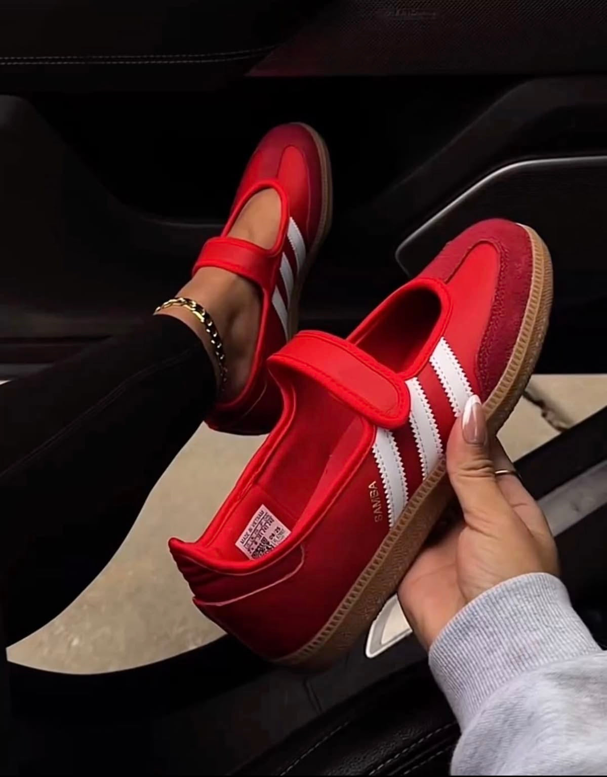 Adidas Samba Jane sneakers in a striking red colorway featuring a hook-and-loop
