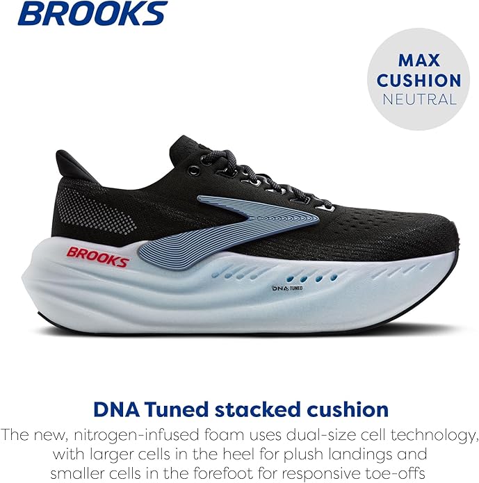 Brooks Glycerin Max neutral running shoe, highlighted by its thick, nitrogen-infused DNA Tuned midsole and Almond Peach/London Fog